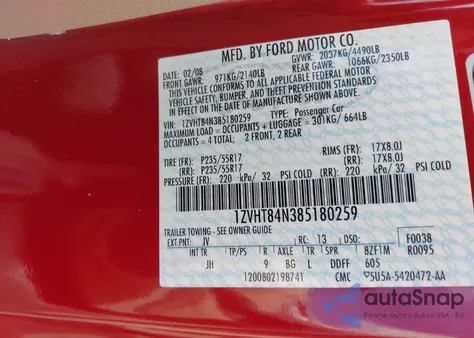 2008 Ford Mustang V6 Deluxe/V6 Premium from USA, damaged, VIN 1ZVHT84N385180259